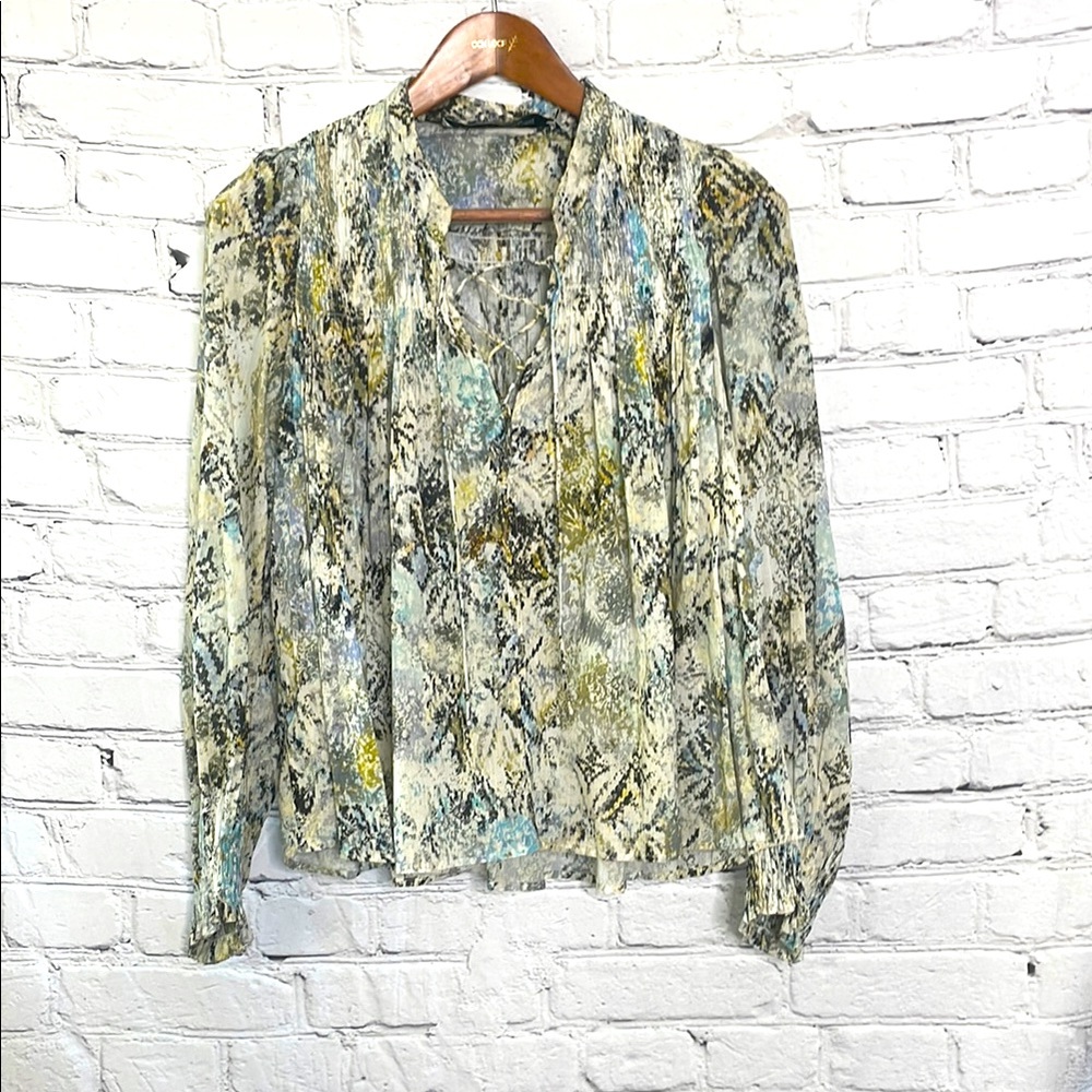 IRO Blue Green Smocked Lace-Up Long Sleeve Top Size 4 Excellent Condition